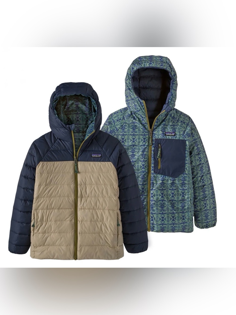 ***NWT Patagonia Reversible Kids' Jacket in Navy & Tan Pattern Size M (10)